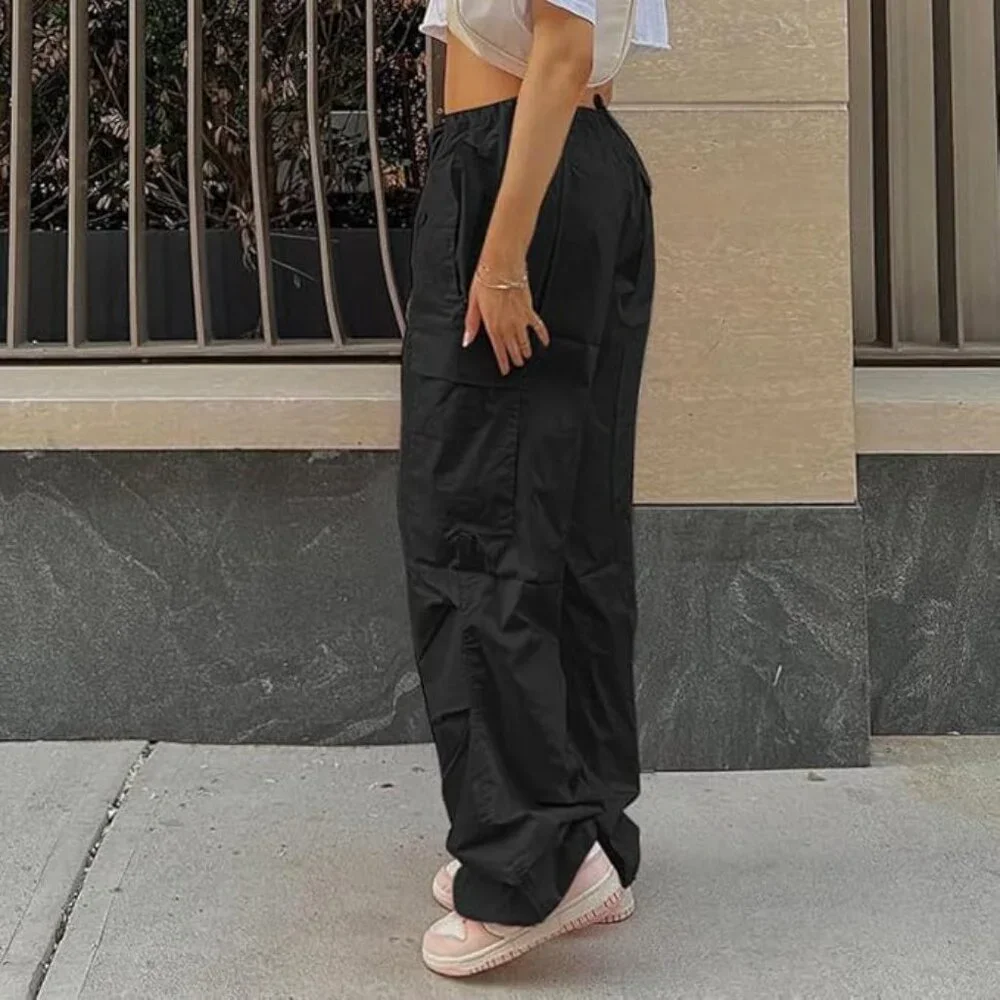 YAHUIUL Black Cargo/Parachute Baggy Low Waist Pants Size XS - Picture 2 of 8